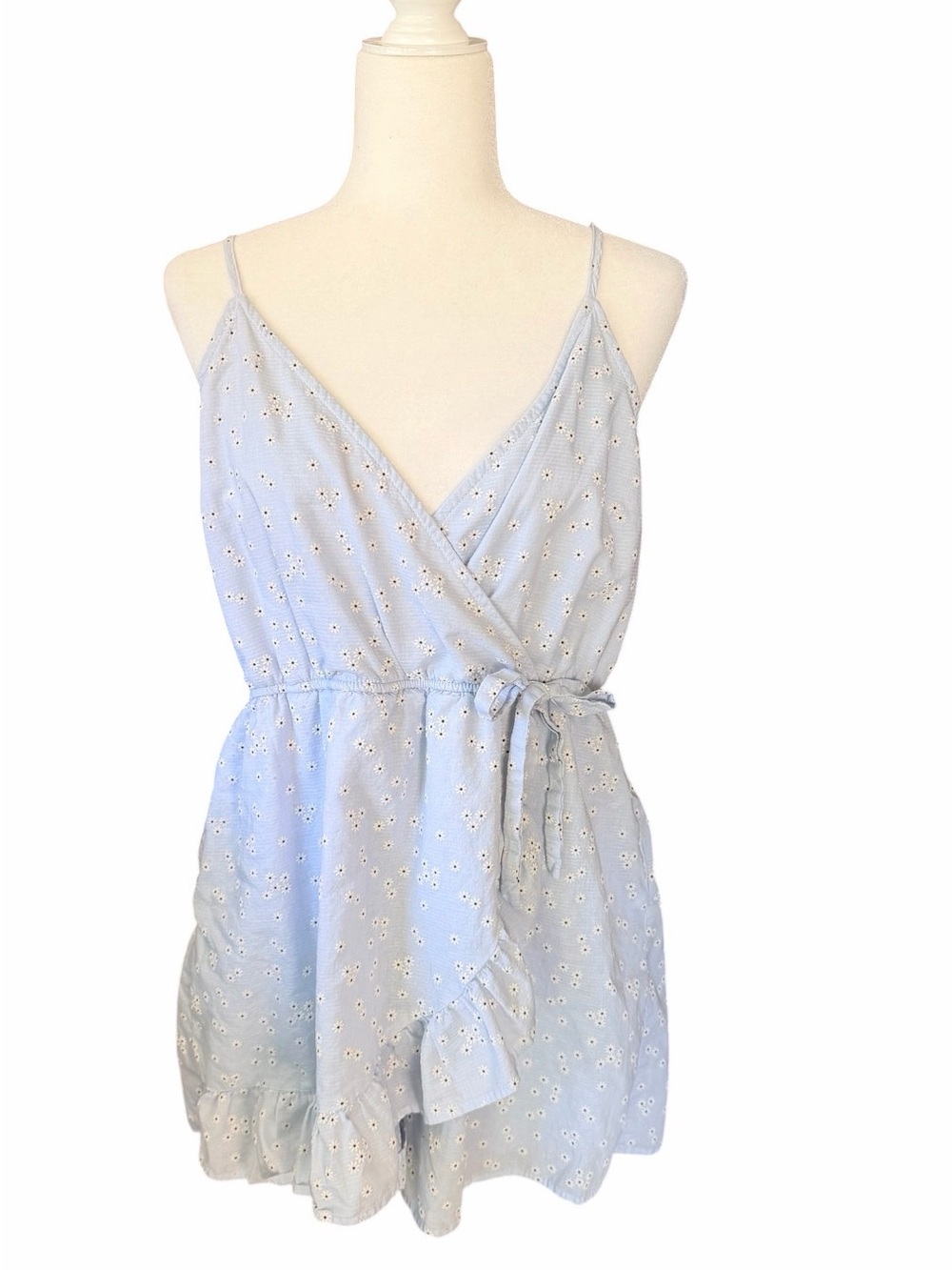 Wild Fable Light Blue Daisy Wrap Romper with Tie Waist and Adjustable Straps